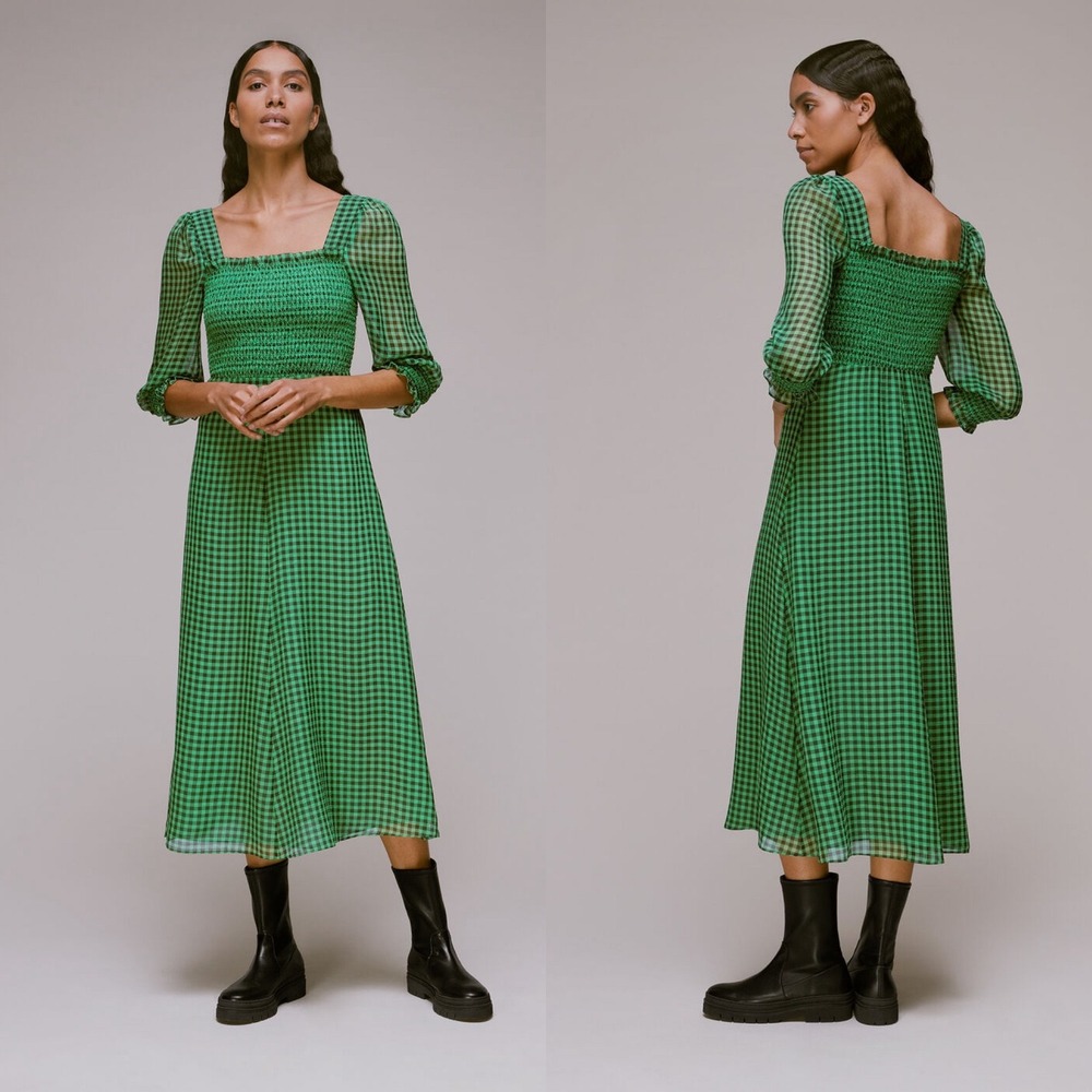 $319 Whistles Green Lottie Gingham Smocked Midi Dress Square Neck US 6 UK 10 - Picture 2 of 7